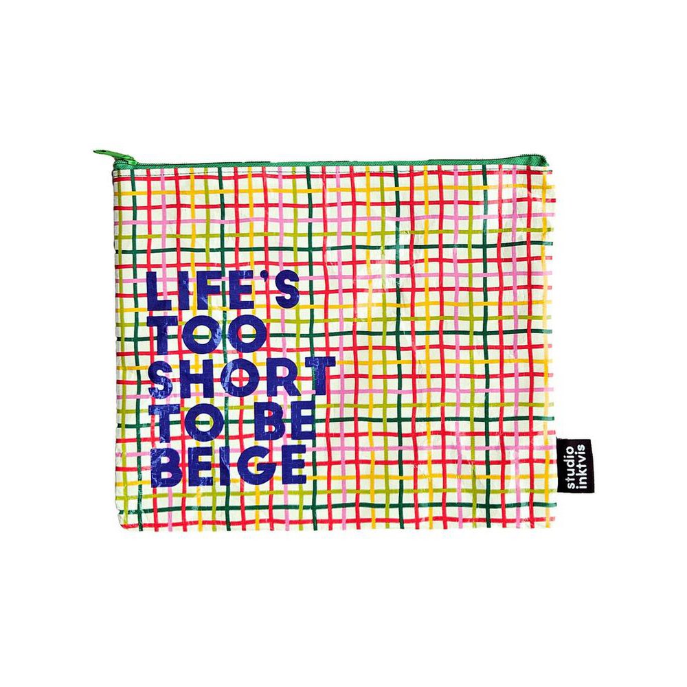 Pouchette etui Life's too short too be Beige van gerecycled plastic