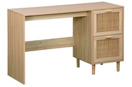  A wooden study table with a pine and rattan construction, measuring 120 x 48 cm, suitable for use as a desk.