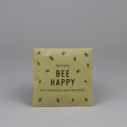 Seeds for bees, bee-themed, yellow and black, square design, text "BEE HAPPY" with bees
