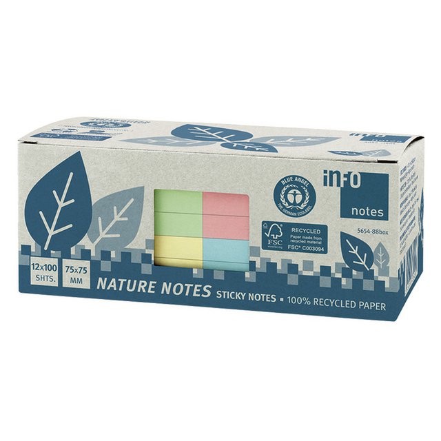 Info notes 75x75mm ass. recycled doos 12 blok geel, groen, rose, blauw