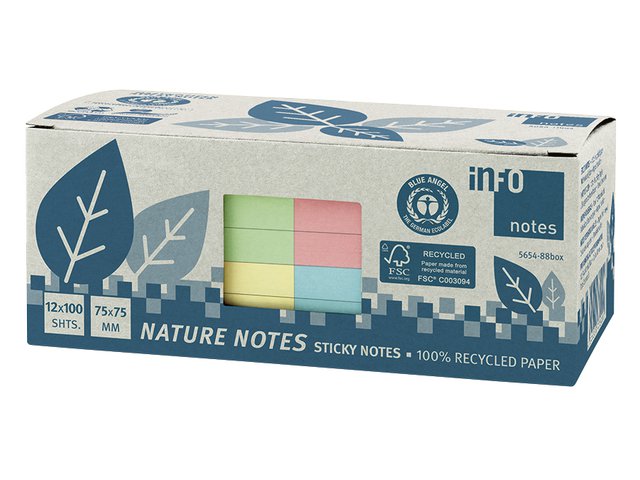 Info notes 75x75mm ass. recycled doos 12 blok geel, groen, rose, blauw
