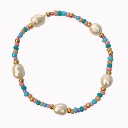 Pastel-colored pearl bracelet with colorful beads.