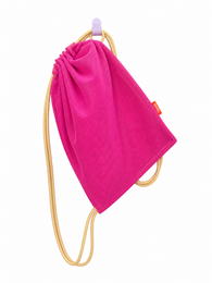  "Bright pink bubble pop sports bag with tan rope handles, drawstring closure, kids gym bag"