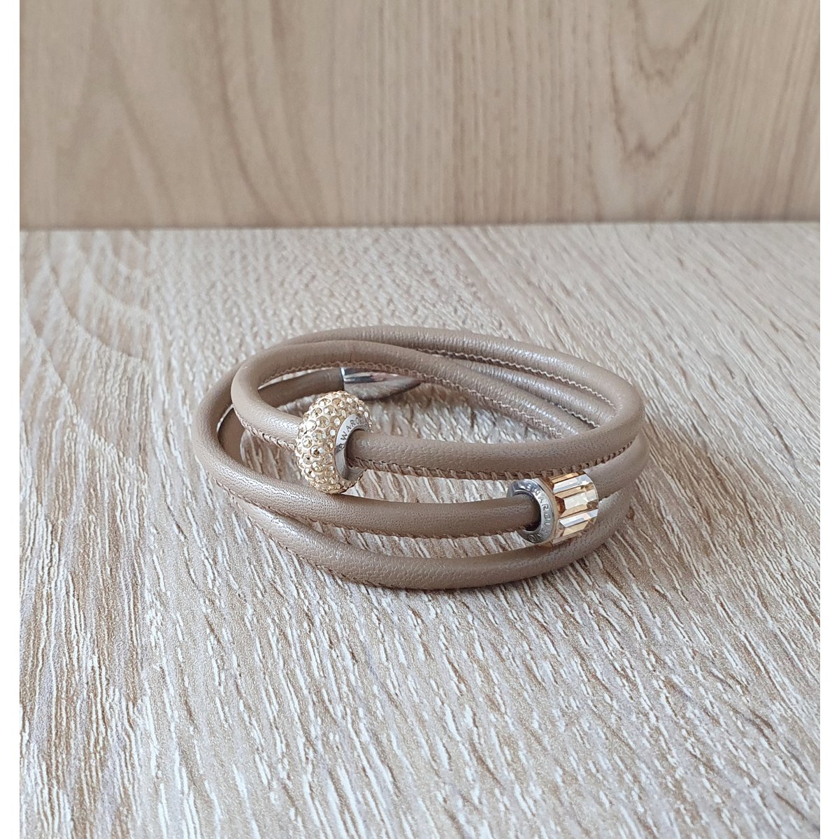 Beige triple wrap leather bracelets with Golden Shadow pavé crystals