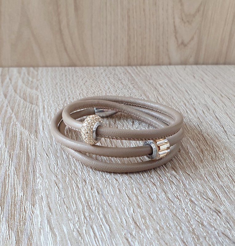 Beige triple wrap leather bracelets with Golden Shadow pavé crystals