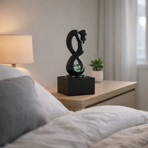Zimmerbrunnen - Amor Black - Modern mit buntem LED-Licht - Abnehmbare Liebhaberskulptur - Zeitgenössische Innendekoration - Rotierende Kugel