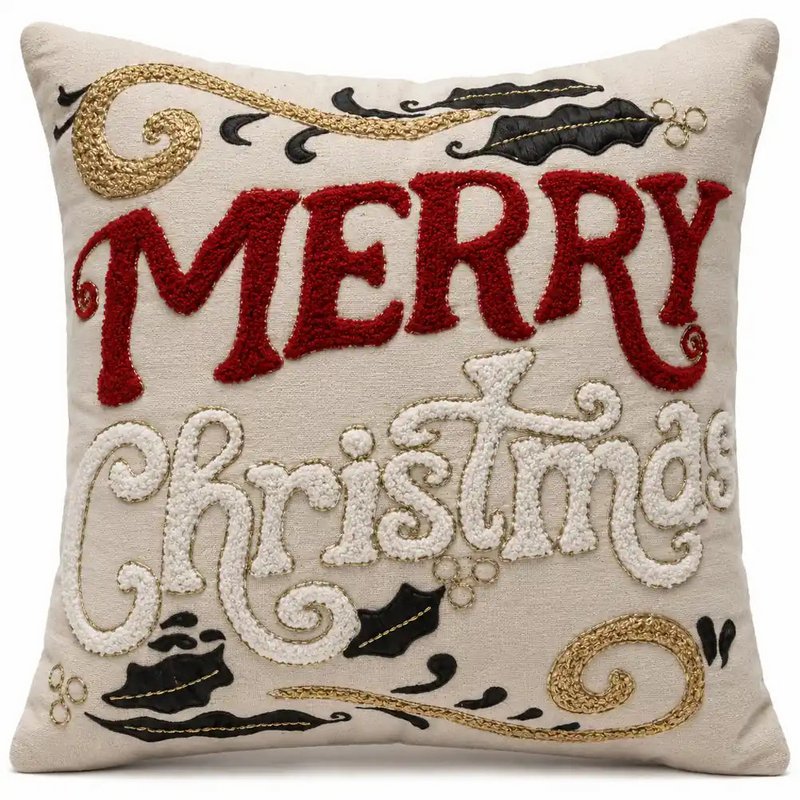 Beige & Rouge Brodé – Housse de Coussin / Kussenhoes – Noël 45×45 cm – Urbane Hide