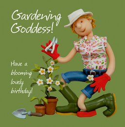 Colorful birthday card featuring a smiling woman in gardening attire, holding a potted plant and gardening tools. The card has a cheerful, whimsical design and the text "Gardening Goddess!" conveying a birthday message.