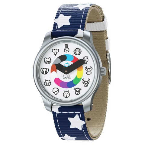 Twistiti - Educatief kinderhorloge voor kinderen van 3-6 jaar, met DIERENwijzerplaat, waterdichte 50 meter, gemakkelijk te verwisselen riem - sterren