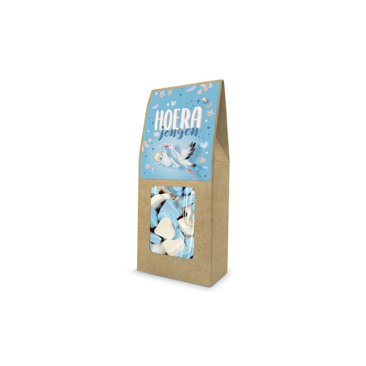 Süßigkeiten-Geschenkbox Hurra ein Junge Geburt Storchherzen (Kraft) 150gr