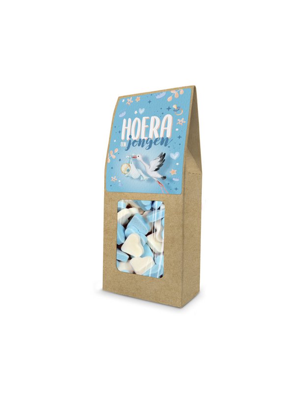 Süßigkeiten-Geschenkbox Hurra ein Junge Geburt Storchherzen (Kraft) 150gr