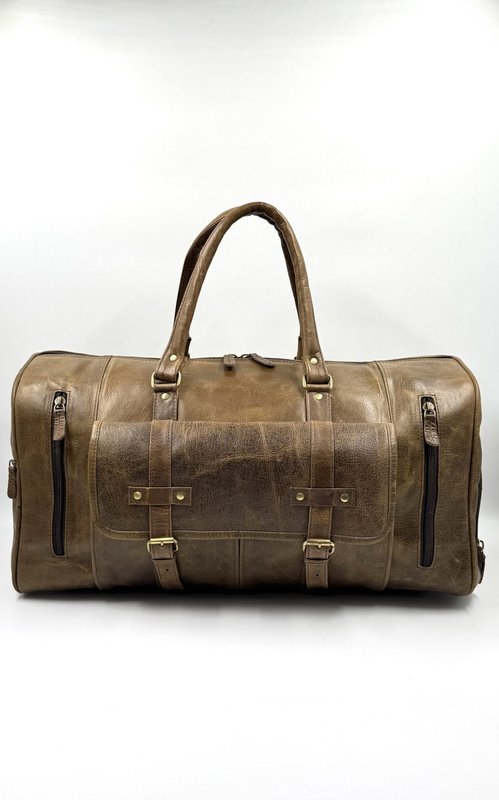 Borsa da viaggio fatta a mano in pelle marocchina verde oliva - Borsone artigianale "Forest Moss" a 6 tasche con scomparto per scarpe dedicato