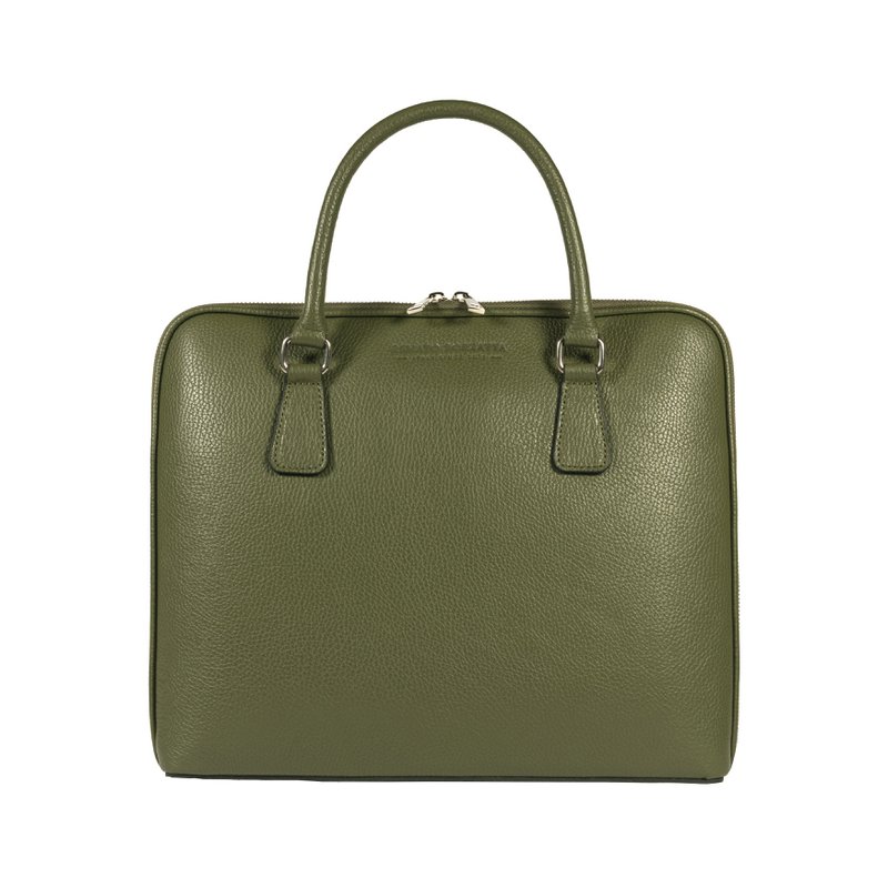 RB1019E | Unisex zakenaktentas van echt leer, gemaakt in Italië, met afneembare schouderband. Opzetstukken met glanzende nikkelen metalen karabijnhaken - Groene kleur - Afmetingen: 37 x 29 x 6,5 cm