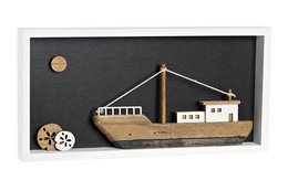 Wooden decoration featuring a white boat with wooden accents, measuring 40x3.5x20 cm.