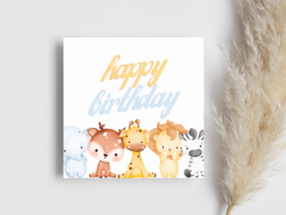 A colorful birthday card featuring cute cartoon animals - a fox, lion, and raccoon - with the text "Happy Birthday" in a playful font.