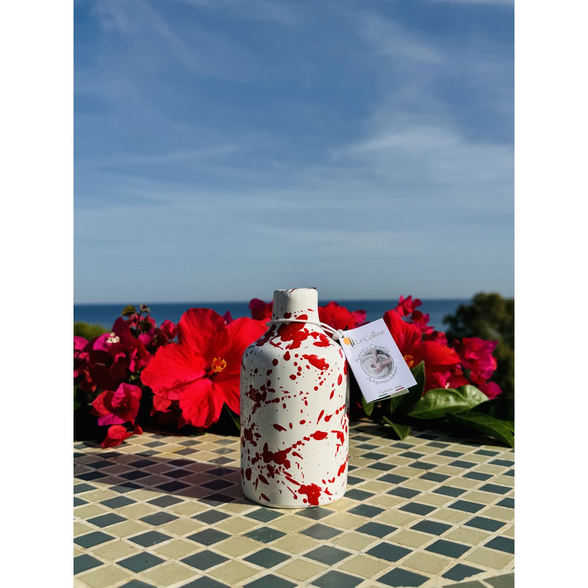 Handgemachte Ölflasche Ölspender Ölkännchen Keramikflasche "Schizzata" für Olivenöl & Essig aus Italien