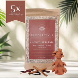 Dark chocolate bar with cacao beans, cinnamon sticks, and a decorative figurine. Signature Blend cacao product in 500g package.