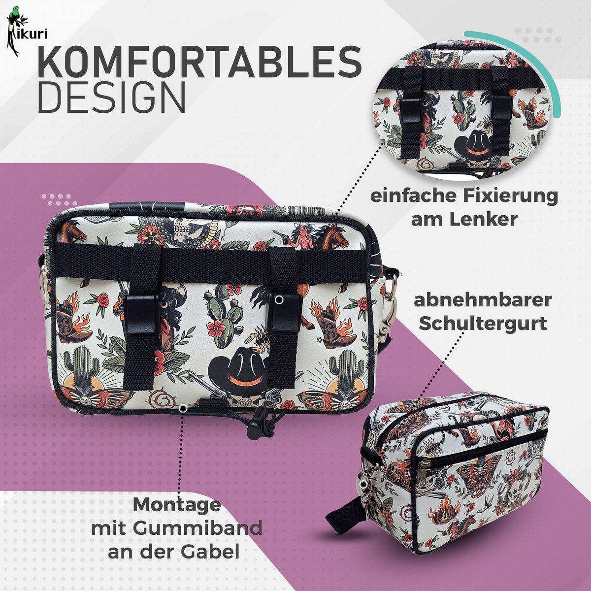 Lenkertasche Fahrradtasche für Lenker mit abnehmbarem Schultergurt Wasserdicht Bike Bag - Cowgirl