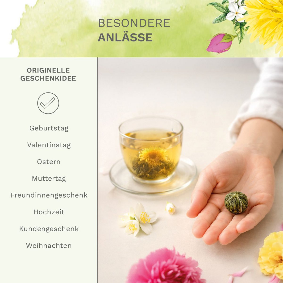 Creano Tea Flower Mix - Geschenkset Bloomed Tea in een modern bloemmotief met glazen pot, groene thee met fruitige smaak (6 varianten)