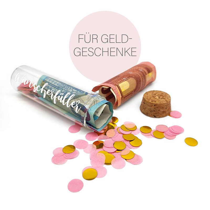 Geldcadeaukoker “WUNSCHERFULLLER”, wit met roze confetti