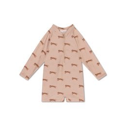 Beige UV swimsuit for boys featuring a repeating giraffe print pattern. Made of lightweight, quick-drying fabric to protect delicate skin from harmful UV rays.