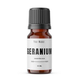 Geranium essential oil in a 10ml or 30ml bottle. Floral, earthy aroma with notes of rose. Suitable for aromatherapy, skincare, and more.