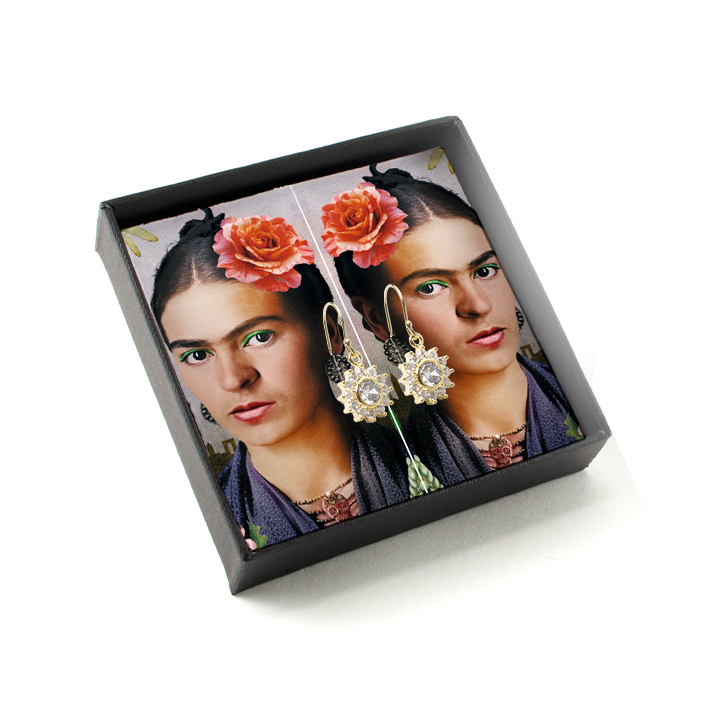 Pendientes bañados en oro con piedras de cristal brillantes, inspirados en Frida Kahlo