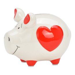  A white ceramic piggy bank with red heart decorations, suitable for storing small items or coins.