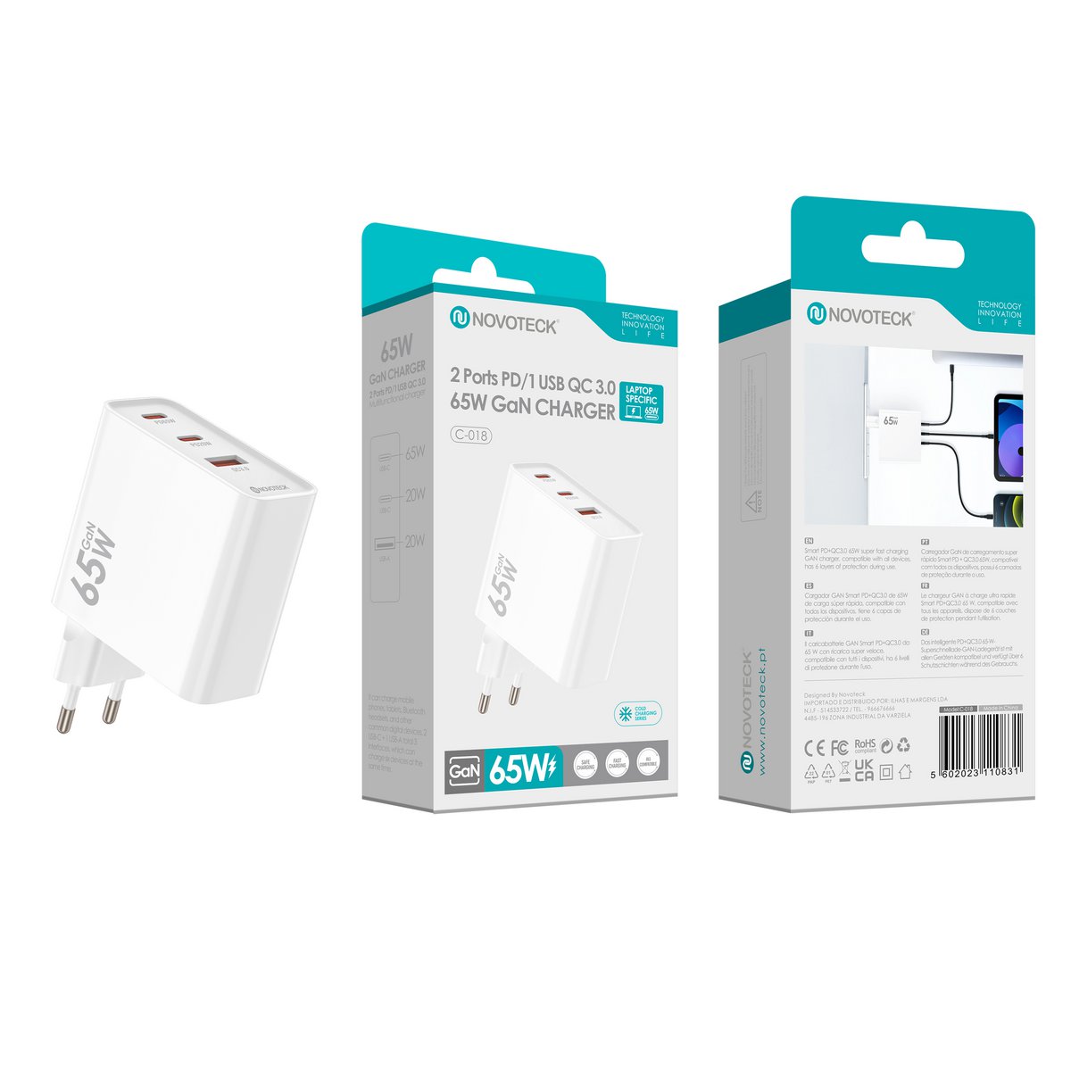 Cargador NOVOTECK C-018 65W GaN PD - Cargador rápido USB-C 65W + USB-C 20W + USB-A 20W