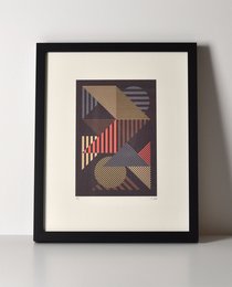 Geometric abstract art print with aligned red, purple, and gray shapes.