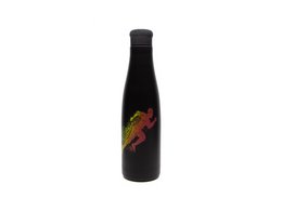 Insulated stainless steel thermos bottle with a black matte finish and a colorful graphic design.