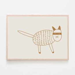 A4 print featuring a stylized caramel-colored cat illustration with a minimalist, geometric design. The cat has a simple, abstract shape with patterned details and a bow accent.