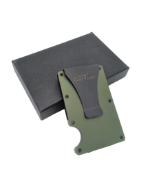 Slim, minimalist wallet in olive green color with metal frame and card holder.
