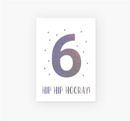 Glittery purple number 6 postcard with the text "Hip hip hooray!" Suitable for birthday celebrations.