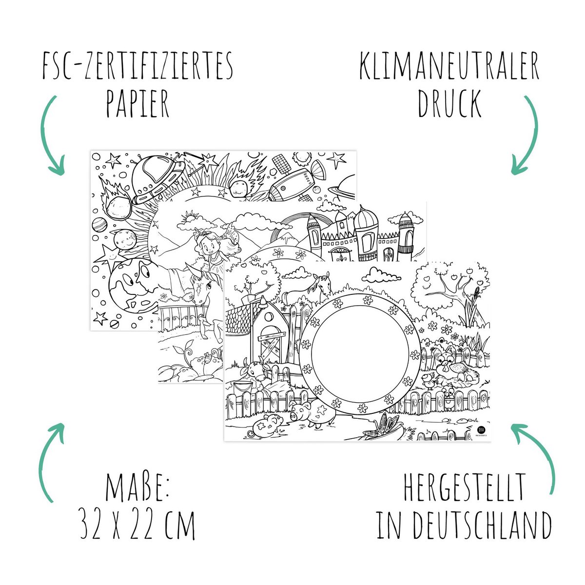12 placemats om motiefmix fantasie, boerderij, ruimte in te kleuren