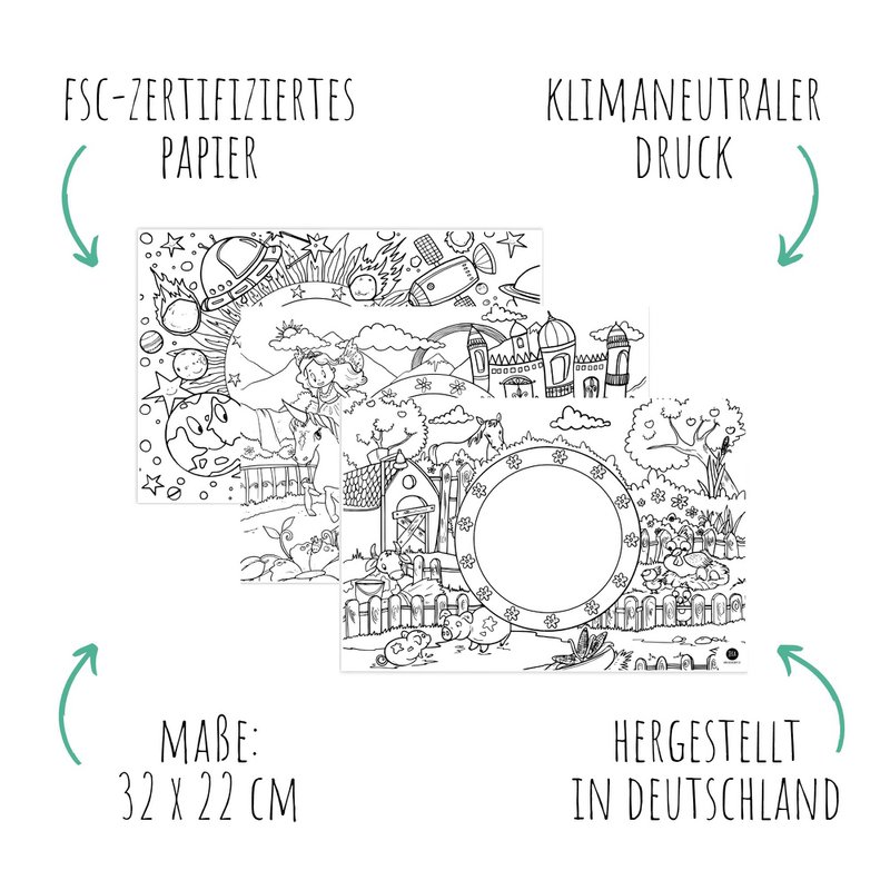 12 placemats om motiefmix fantasie, boerderij, ruimte in te kleuren