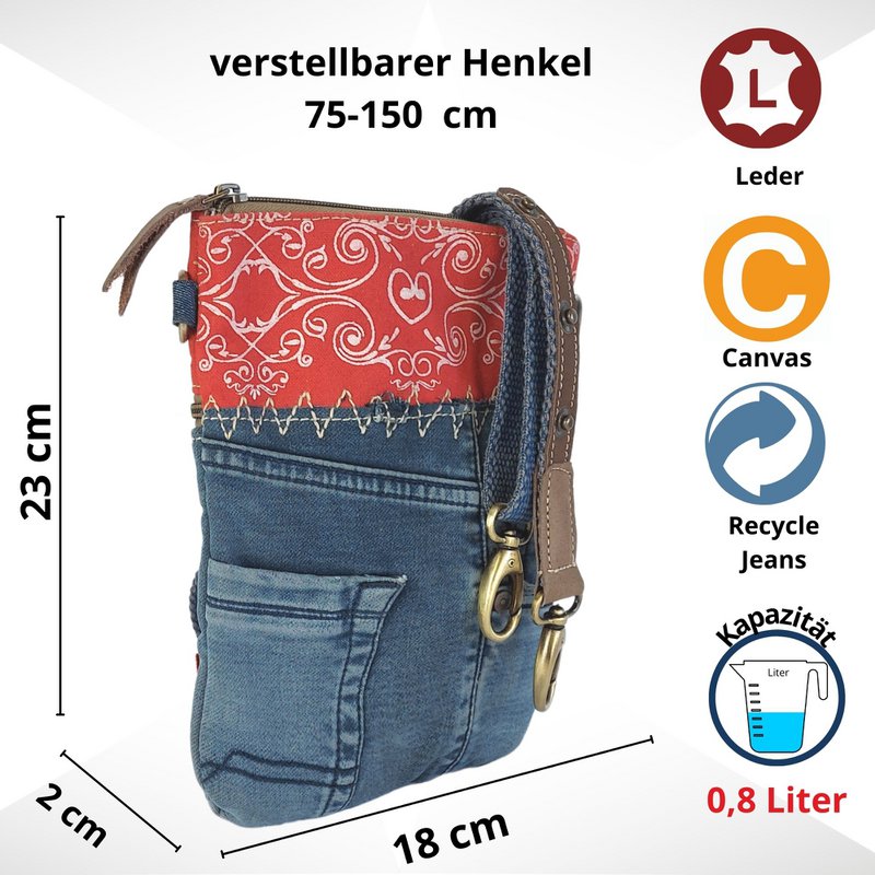 Sunsa lille bæredygtig skuldertaske til kvinder. Skuldertaske lavet af genbrugte jeans & canvas (canvas). Håndtaske vintage retro stil. Crossbody taske til kvinder.