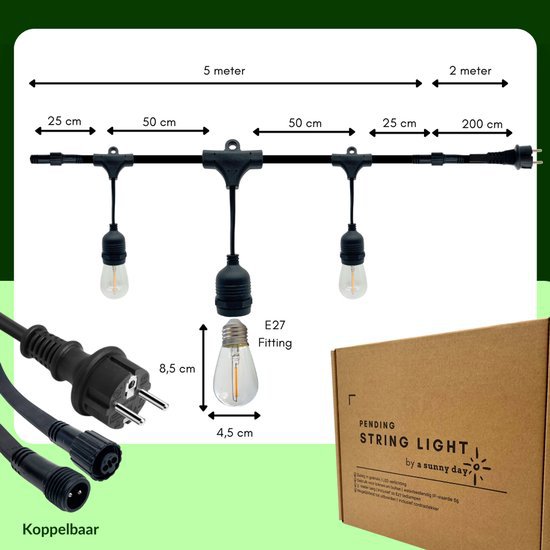 Cordon lumineux de 5 mètres avec 10 lampes LED en forme de poire + câble de connexion de 2 mètres
