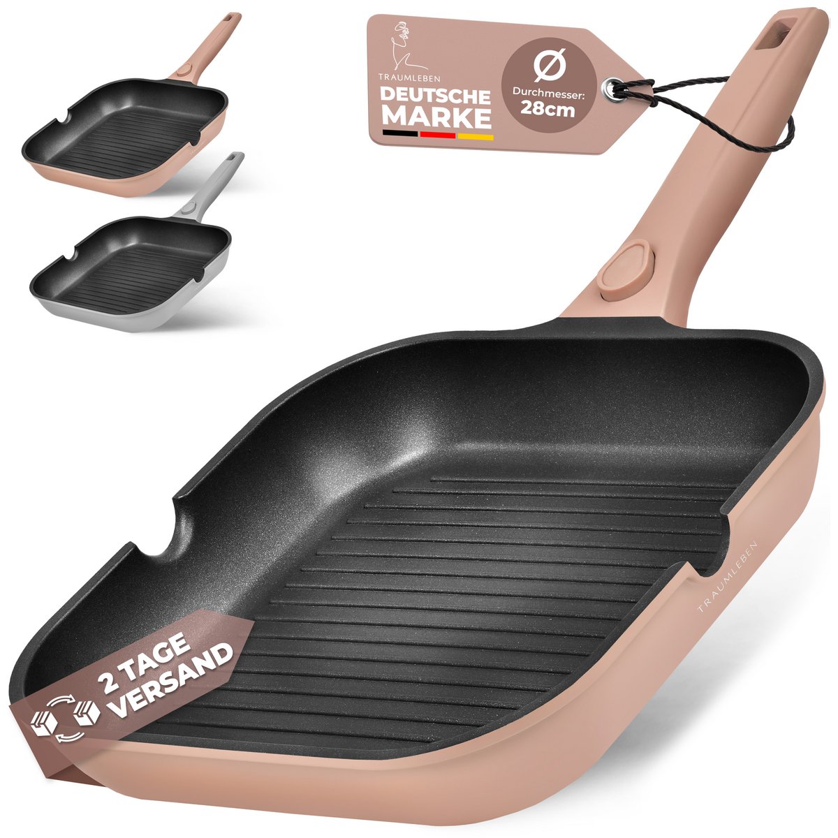 Grill Pan 28 cm, rivestimento non -stick, maniglie rimovibili, induzione, festival del forno (rosa)
