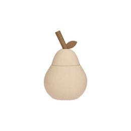  Pear-shaped ceramic cup with wooden stem, in a neutral color palette.