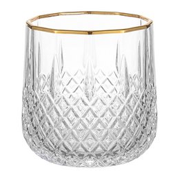 Crystal cut pattern glass tumbler, gold rim, 250ml capacity, transparent drinking glass.