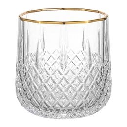 Crystal cut pattern glass tumbler, gold rim, 250ml capacity, transparent drinking glass.