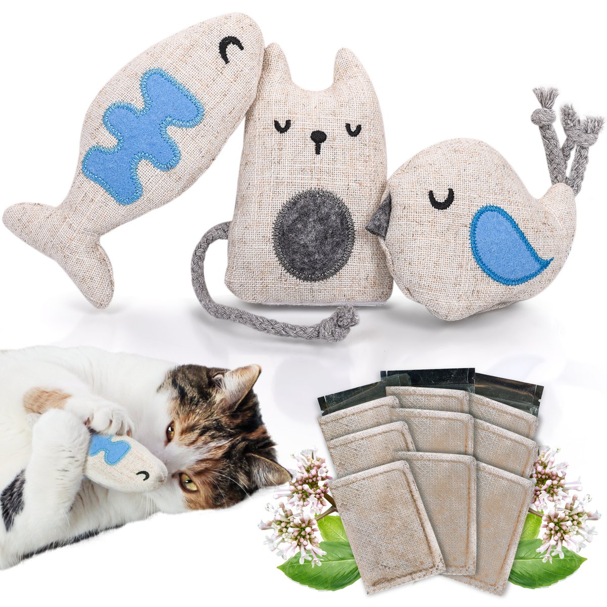 Ne & No® cat toys with valerian, 3 -series set play animals with 9 Baldian bag (1.5g each), refillable, can be reinstated