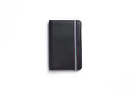 Black leather card holder with multiple card slots and a minimalist design.
