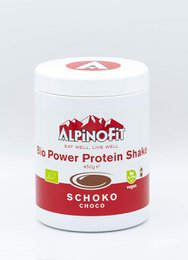 Chocolate-flavored Bio Power Protein Shake in a 450g container. High-protein supplement for fitness and nutrition.
