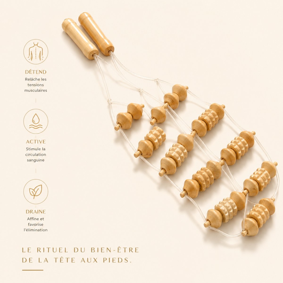Wooden Massage Strap - Anti-Cellulite Draining Massager - 10 Stimulation Zones - Manual Back and Body Muscle Massager