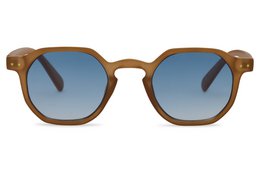 Brown tortoiseshell hexagonal sunglasses with blue tinted lenses, vintage style eyewear