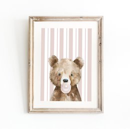 Cartel de chicle de oso, cartel de animales del bosque, impresión de oso, cartel de oso lindo, cartel de la habitación de las niñas, impresión de arte de la guardería de las niñas, habitación de las niñas