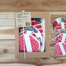 Reusable cotton makeup removers with a floral and abstract pattern design. Soft, washable, and eco-friendly for skin care.
