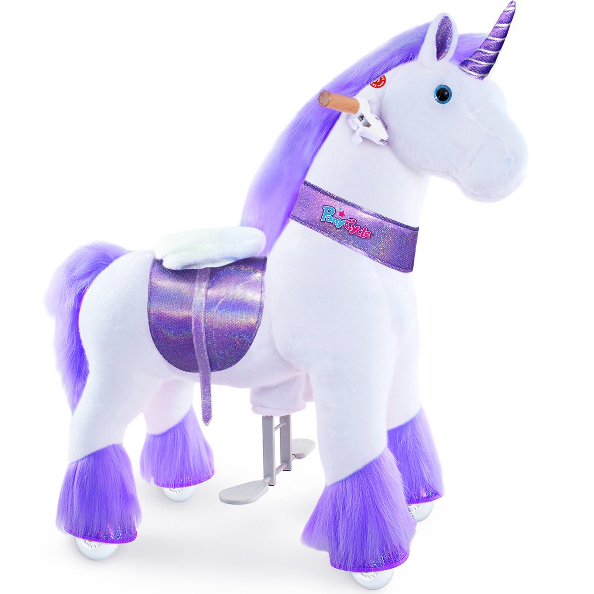 PonyCycle Official Classic Ride on Toys Modèle U Licorne blanche, rose et violette - avec frein et son